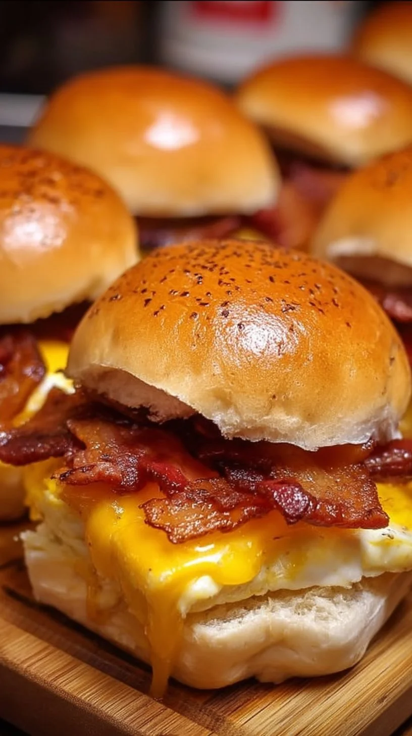 Bacon, egg, and cheese breakfast sliders on a serving platter