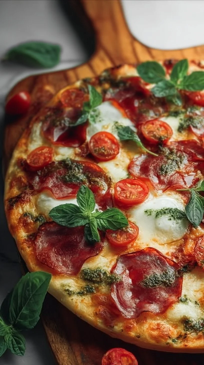 Delicious Pepperoni and Burrata Pizza topped with fresh pesto