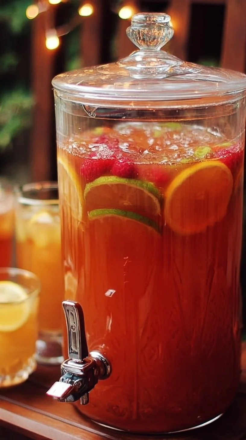 Colorful party punch in a punch bowl garnished with fruit