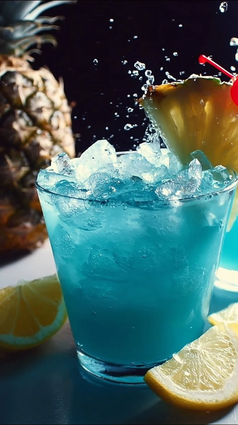 Blue Hawaiian cocktail served in a glass with tropical decoration