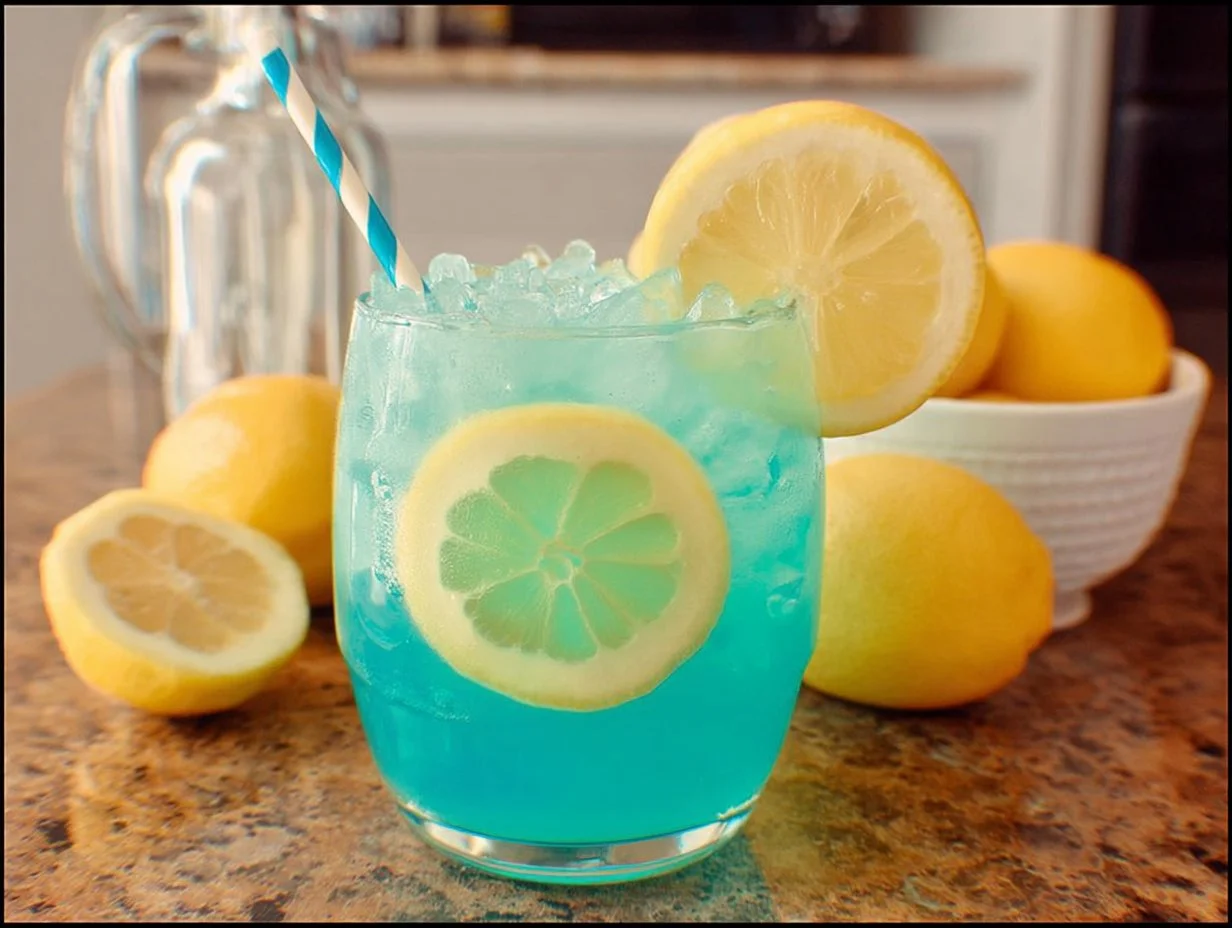 Glass of blue lemonade with lemon slices and ice cubes