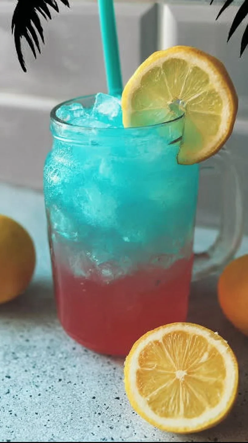 A refreshing glass of blue raspberry lemonade with ice and lemon slices.