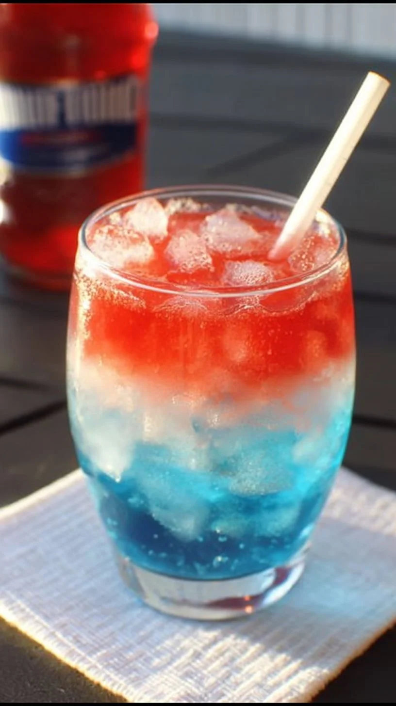 A vibrant Bomb Pop cocktail with layered colors in a glass, perfect for summer.