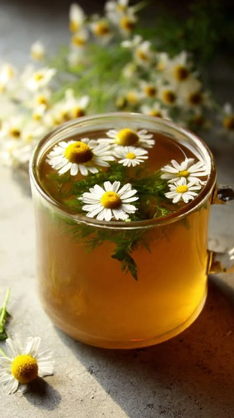 Glass of chilled chamomile lemonade with lemon slices and chamomile flowers