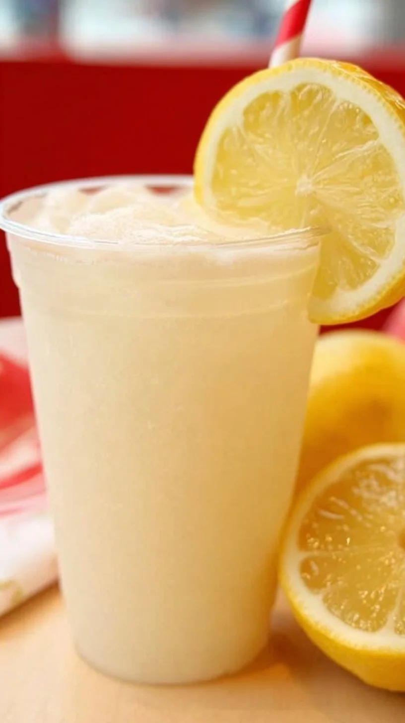Chick-fil-A style frozen lemonade served in a clear cup with a lemon slice.