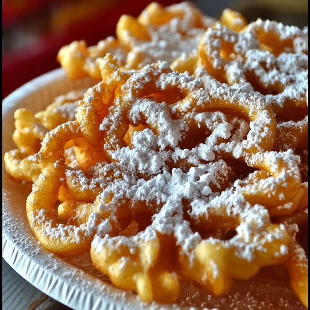 Delicious county fair funnel cakes topped with powdered sugar and fruit