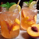 A refreshing glass of easy peach lemonade garnished with fresh peaches and lemon slices.