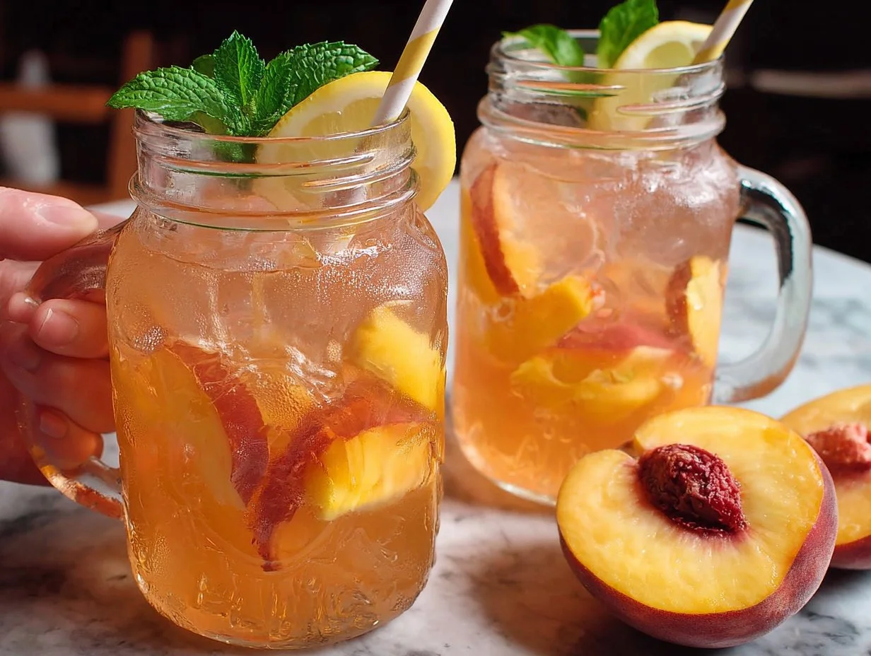 A refreshing glass of easy peach lemonade garnished with fresh peaches and lemon slices.