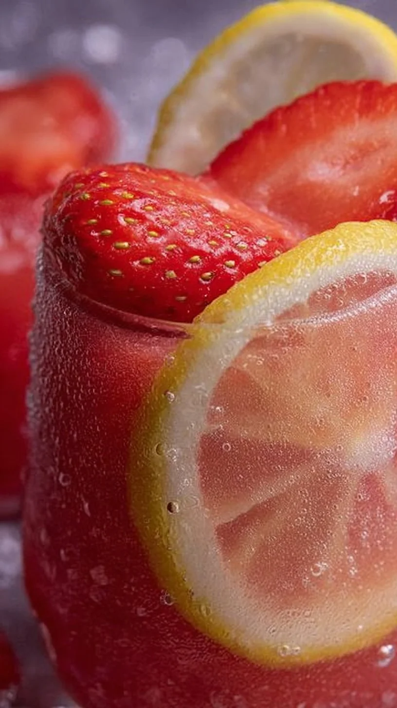 Refreshing frozen strawberry lemonade in a glass with ice and strawberries