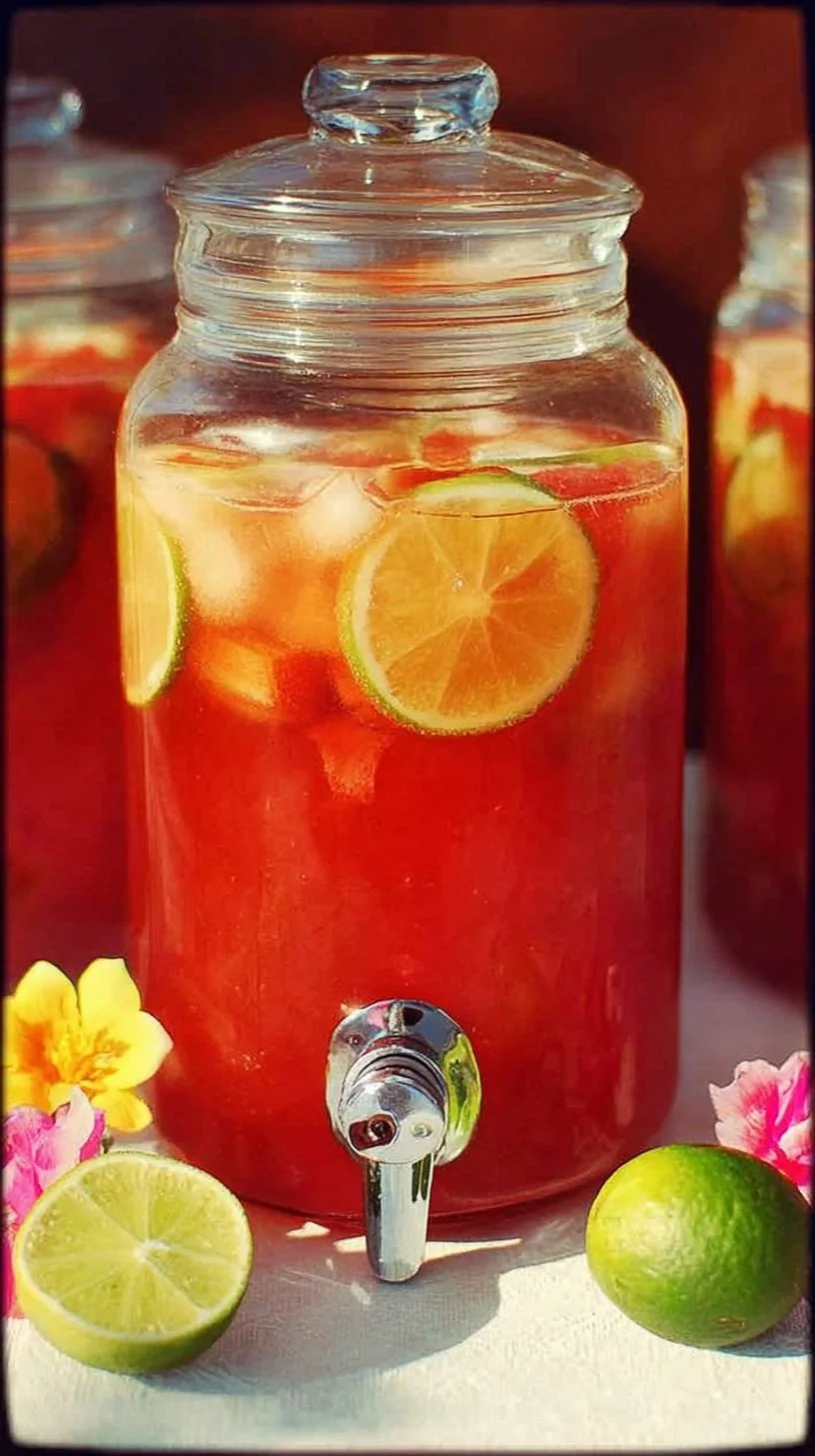 Colorful fruit punch cocktail with coconut rum served in a glass