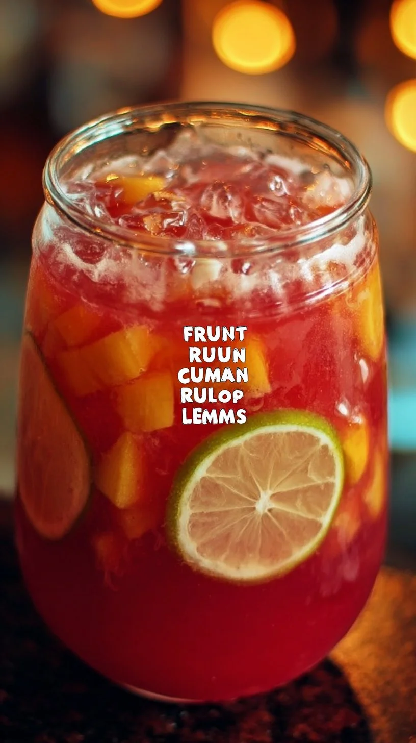 Tropical fruit punch with rum served in a cocktail glass with fresh fruits.