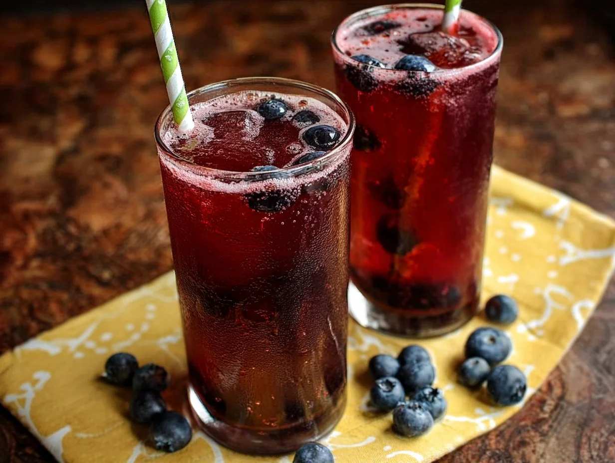 Glass of homemade blueberry soda with fresh blueberries and ice
