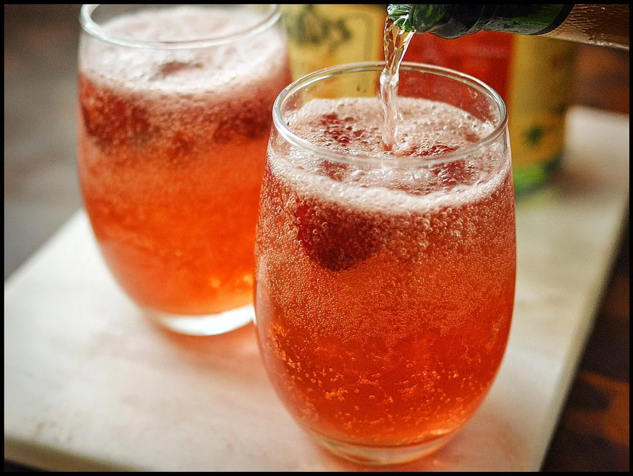 Glass of homemade strawberry soda with fresh strawberries and bubbles