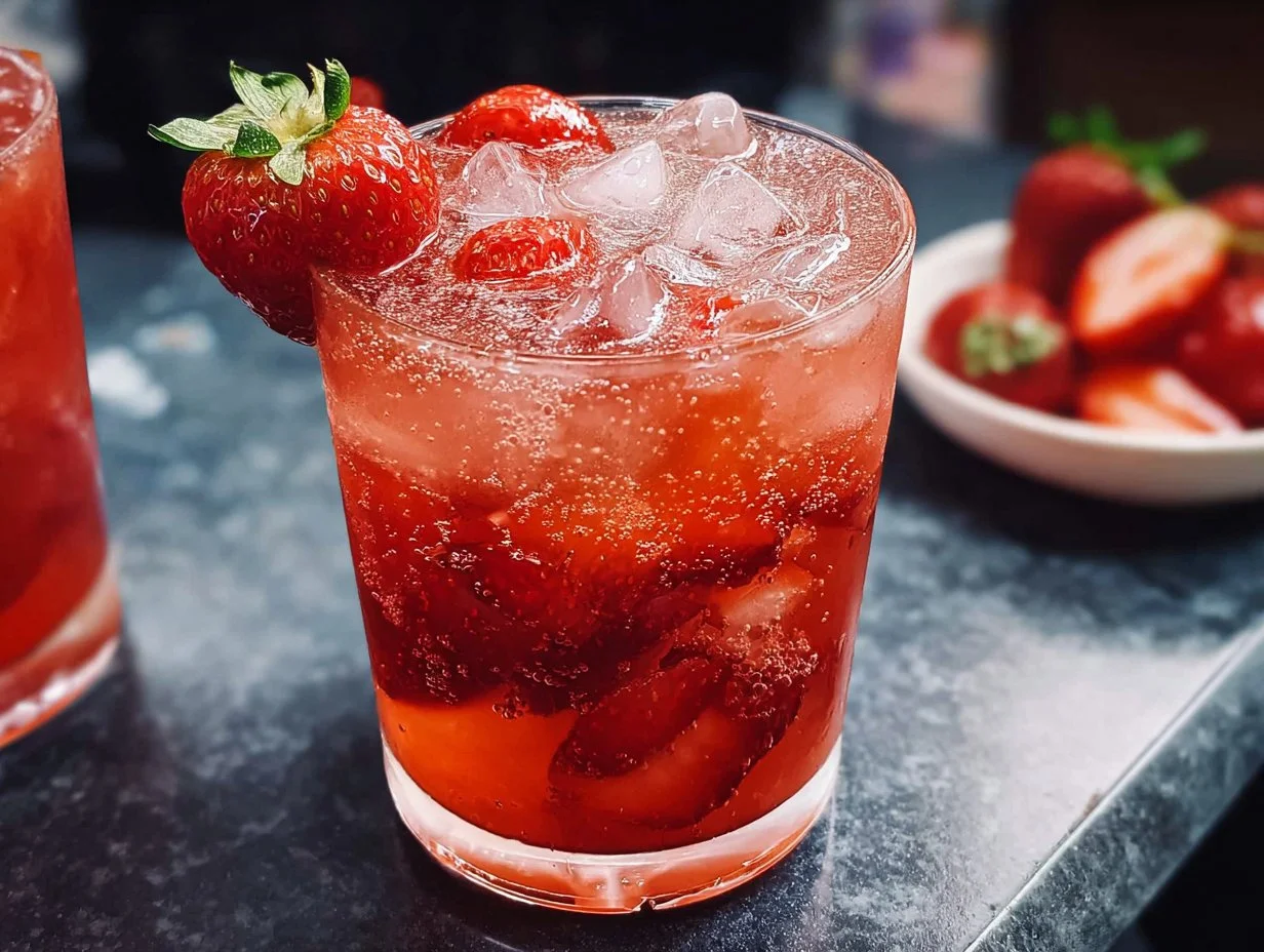A refreshing glass of homemade strawberry soda with fresh strawberries.