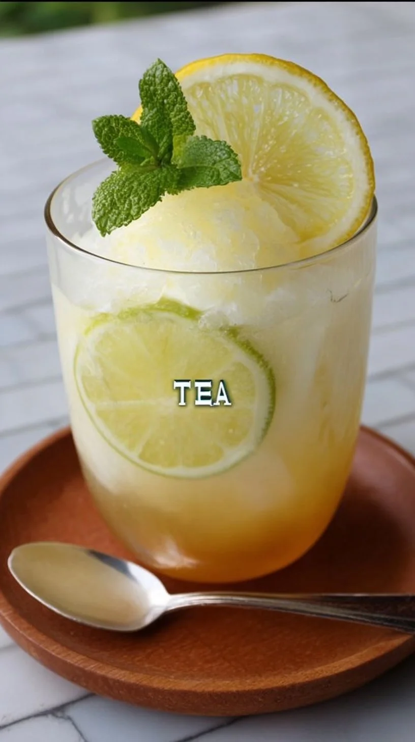 Iced lemon tea with vanilla served in a chilled glass with lemon slices