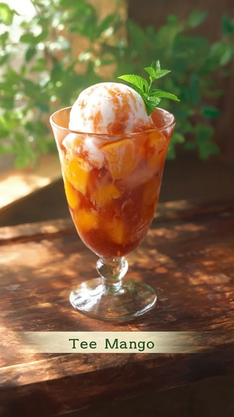 Chilled glass of Iced Mango Tea with fresh mango slices