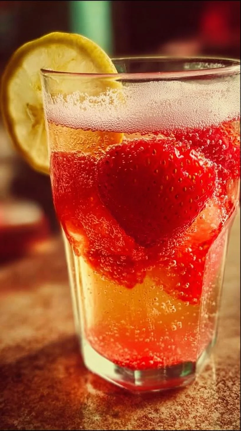 A refreshing glass of Lemon-Lime Strawberry Fizz garnished with fresh strawberries.
