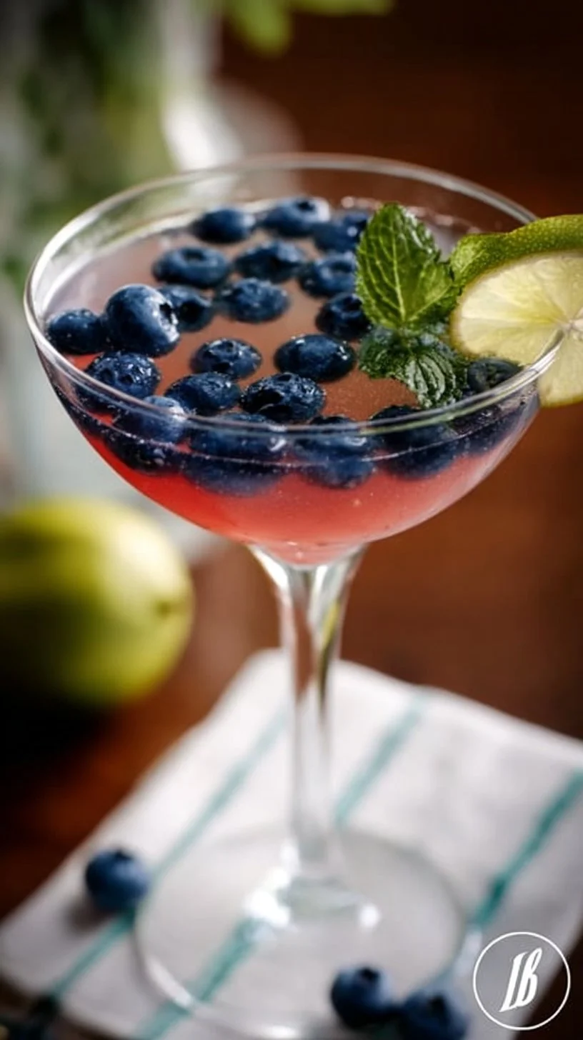 A refreshing Lemon Martini with Blueberry garnish, served in a chilled glass.