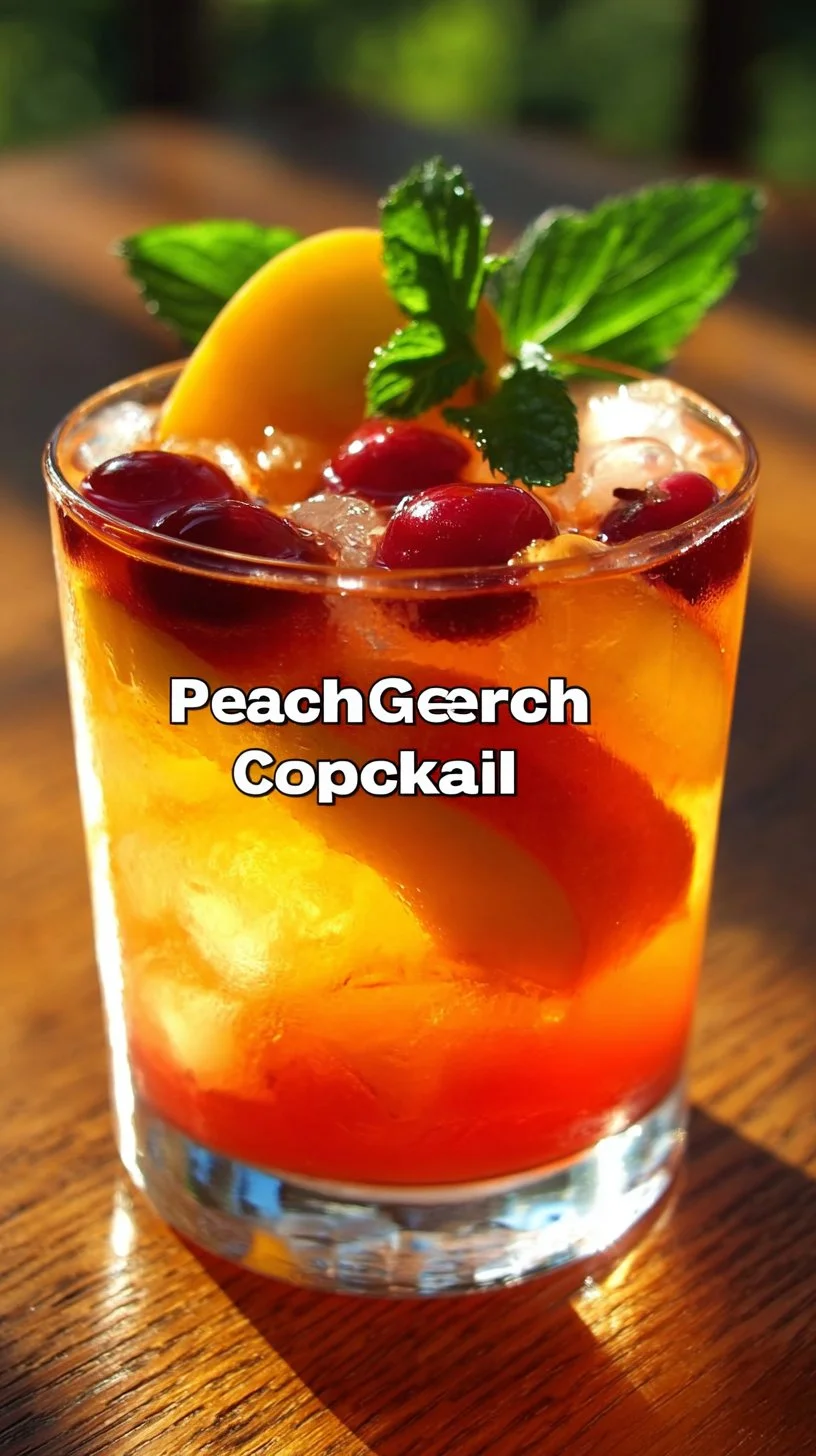 A refreshing Peach Cranberry Cocktail garnished with fresh fruit.
