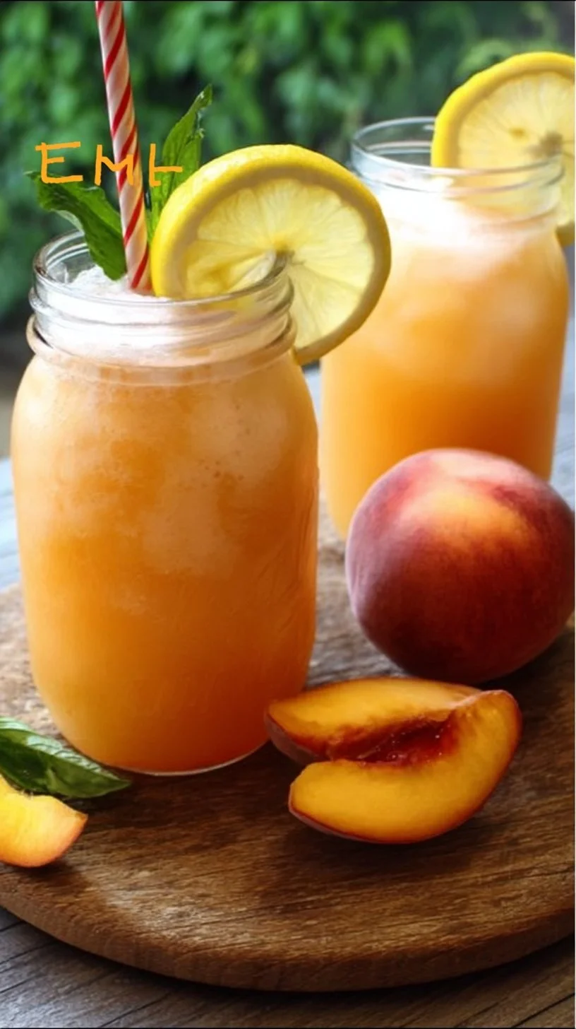 Glass of refreshing peach lemonade garnished with fresh peaches and mint