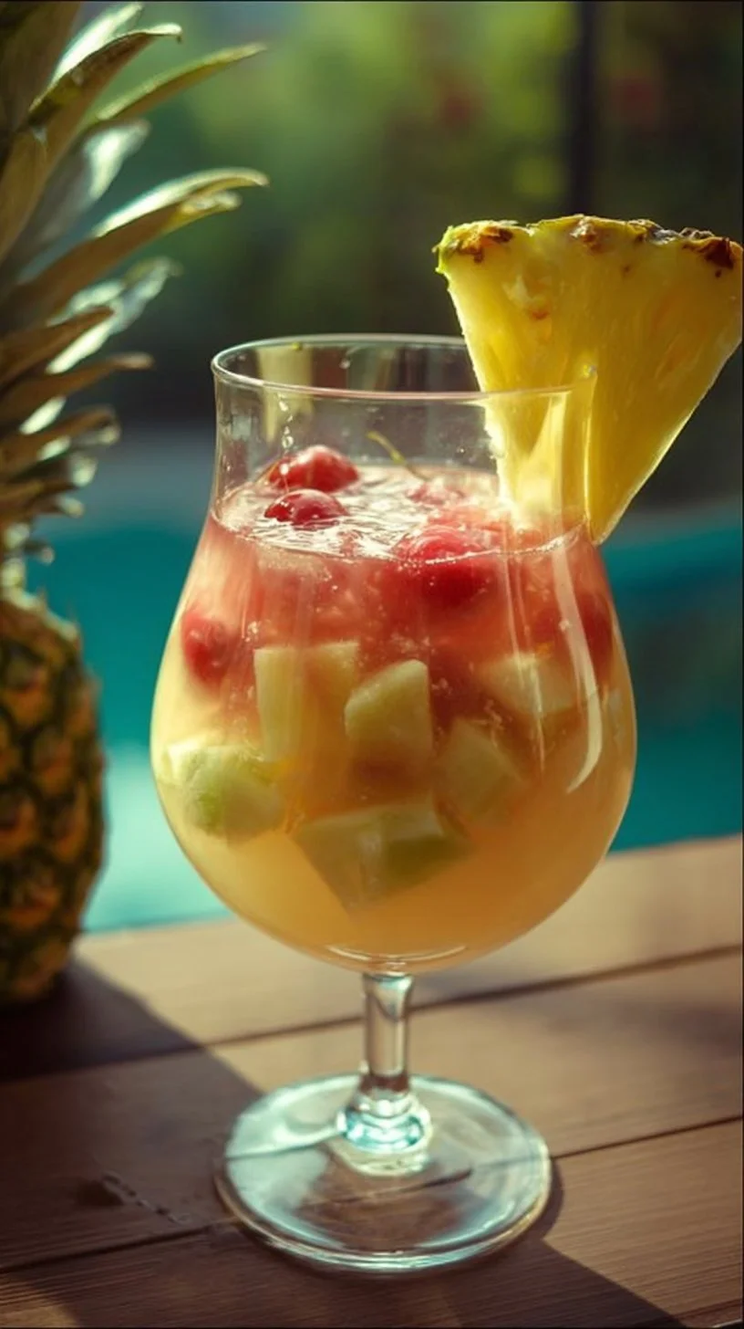 Glass of Pineapple Colada Sangria garnished with pineapple and cherries