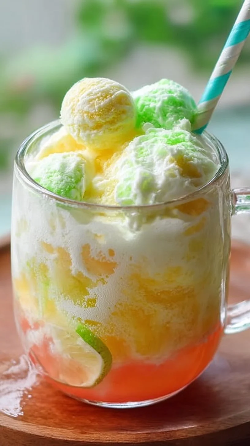 Pineapple Lime Float in a glass topped with whipped cream and lime slice