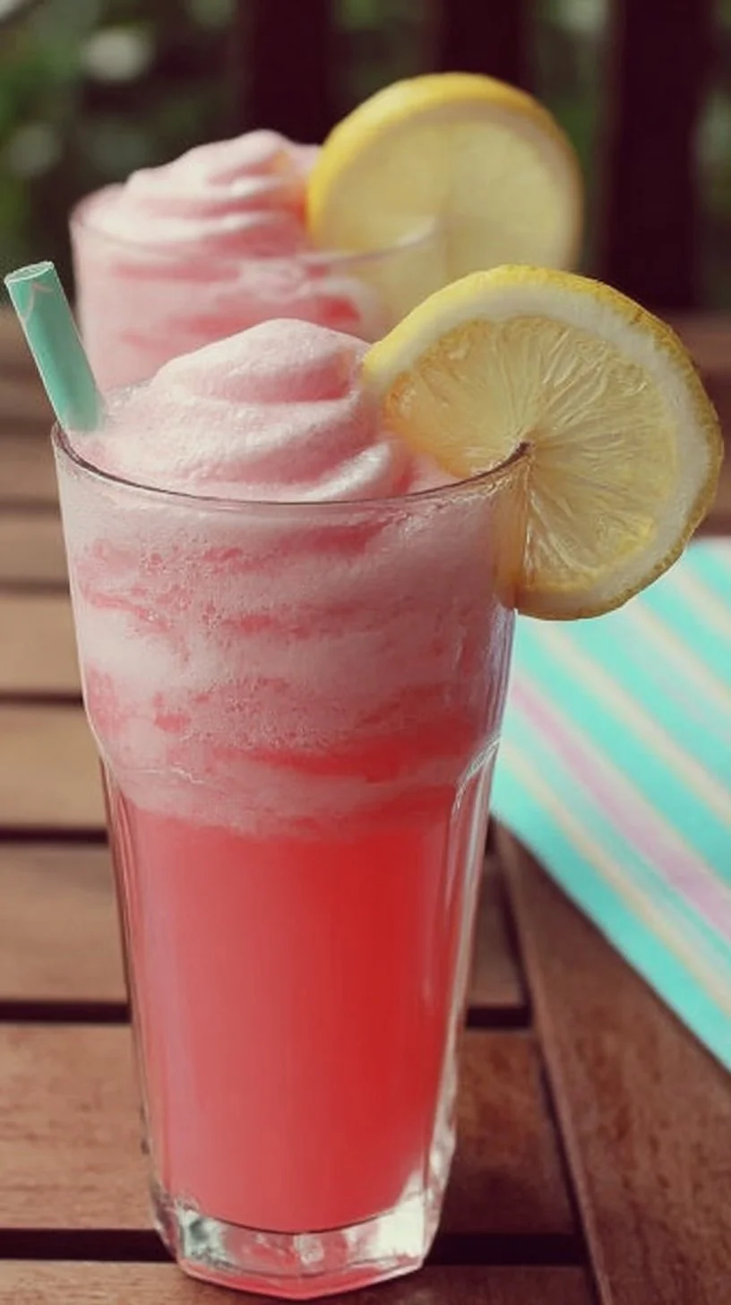 Delicious Pink Lemonade Frappe served in a glass with lemon garnish