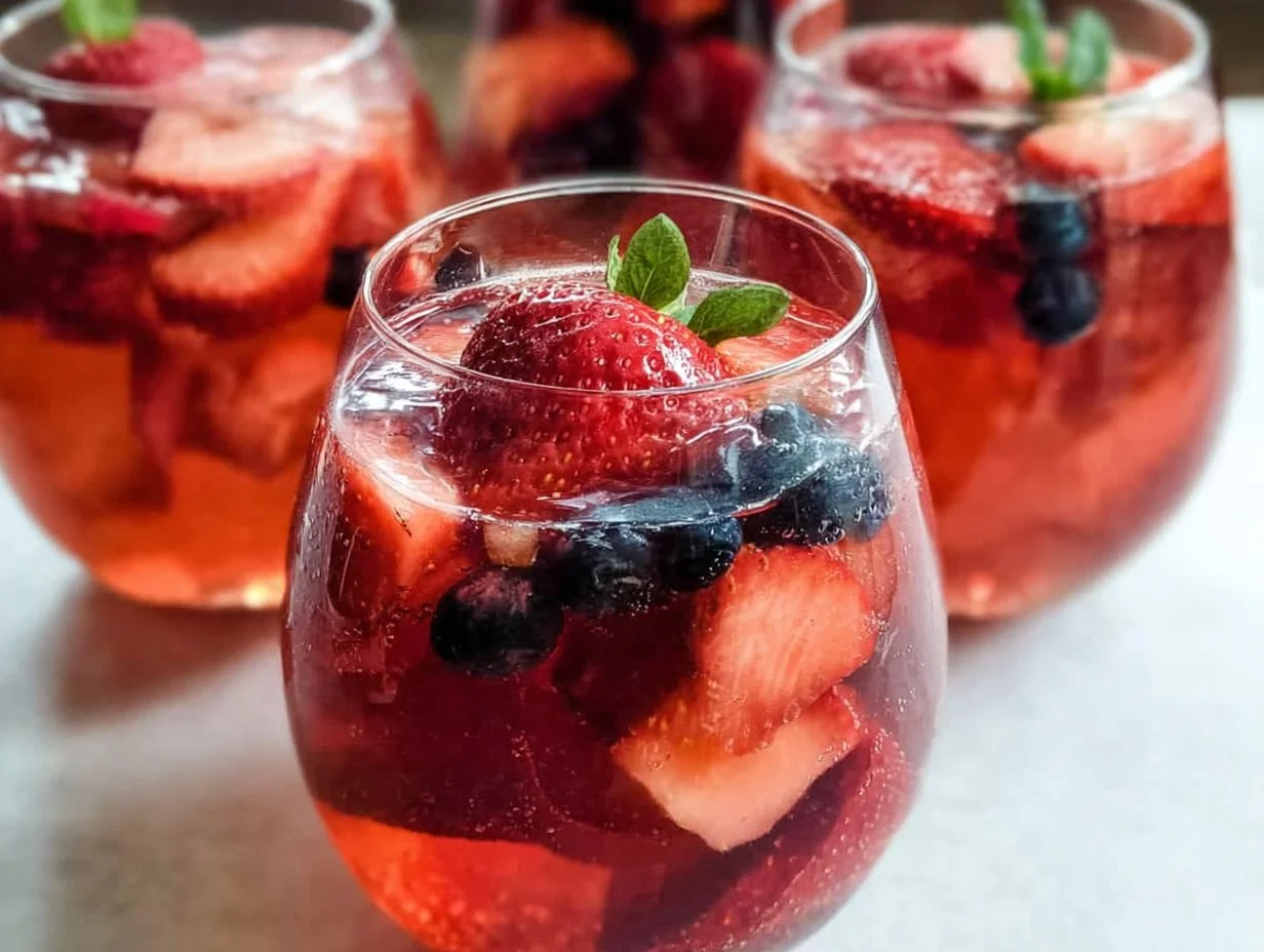 A glass of refreshing Berry Moscato Sangria with berries and citrus slices