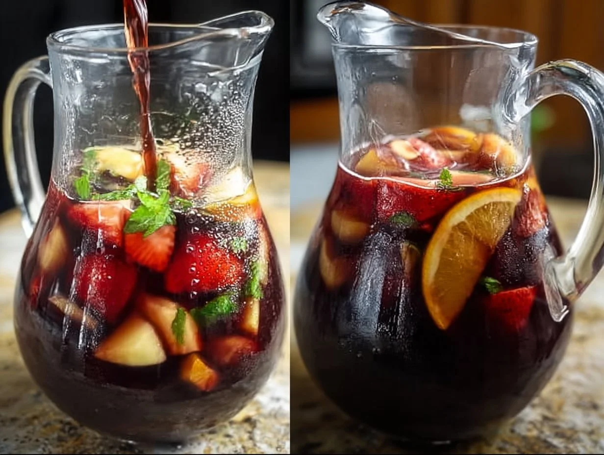 Glass of refreshing non-alcoholic sangria with fresh fruit slices