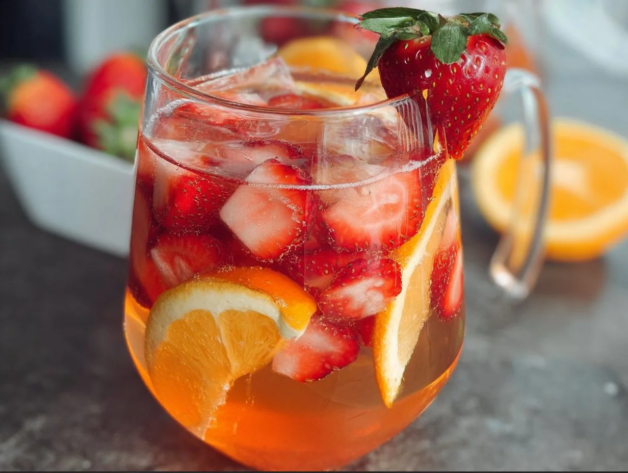 A refreshing glass of Strawberry Sangria with sliced strawberries and citrus fruits