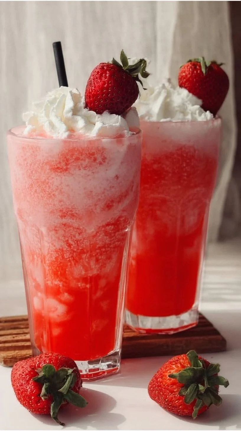 Delicious strawberry soda topped with cream in a glass
