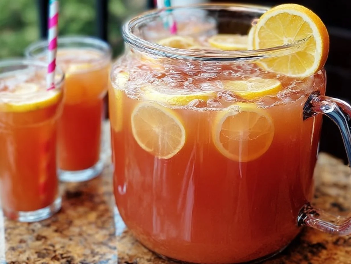 Delicious party punch recipe served in a festive bowl with fruit garnishes.