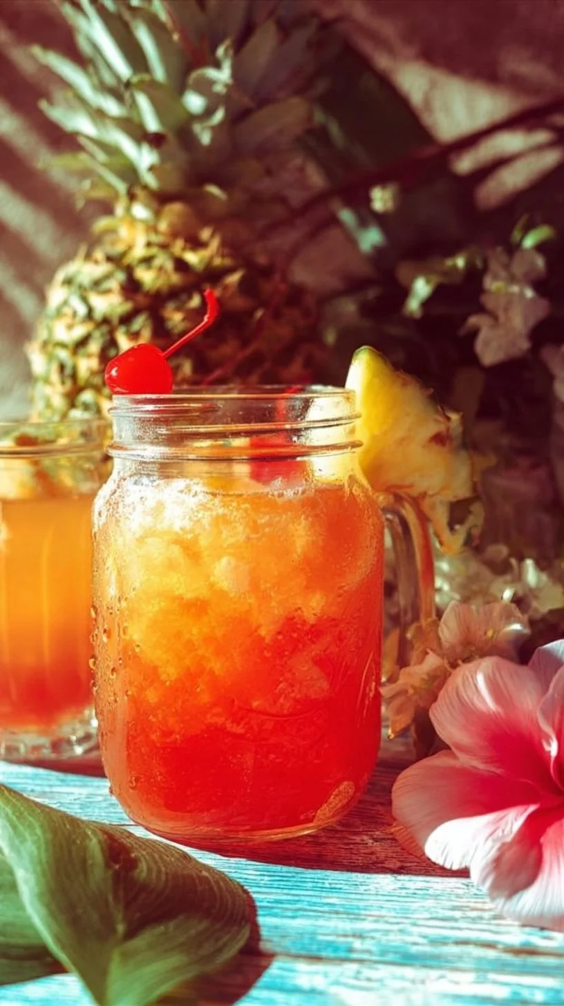 Tropical Orgasm Cocktail served with vibrant fruit garnishes