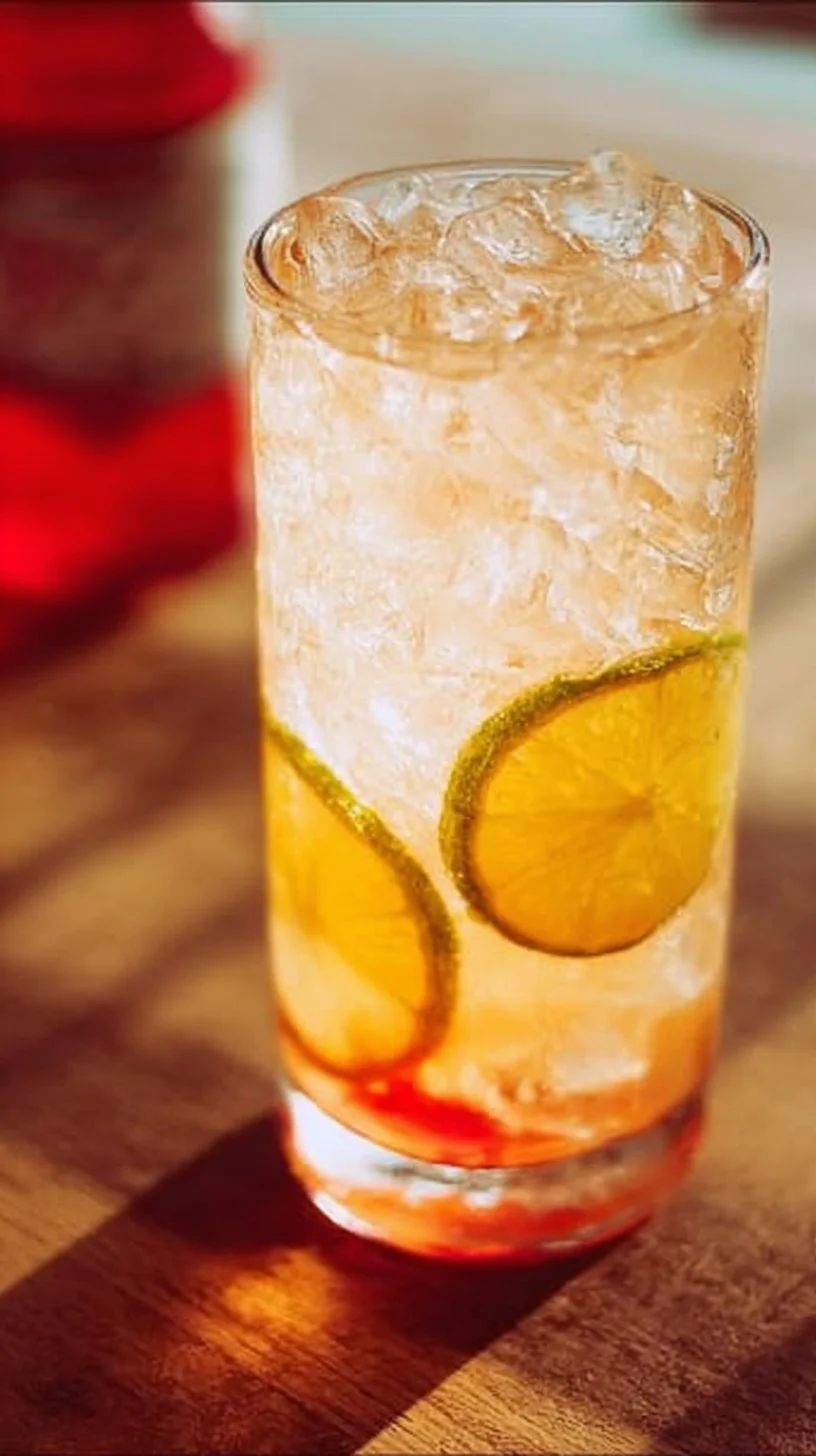 Chilled tropical rum cocktail garnished with fresh fruit and mint leaves.