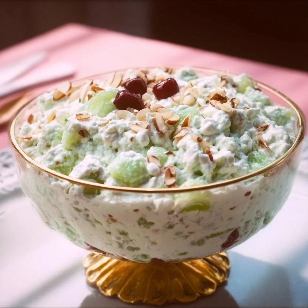 Bowl of Watergate Salad with fluffy green ingredients and pineapple chunks