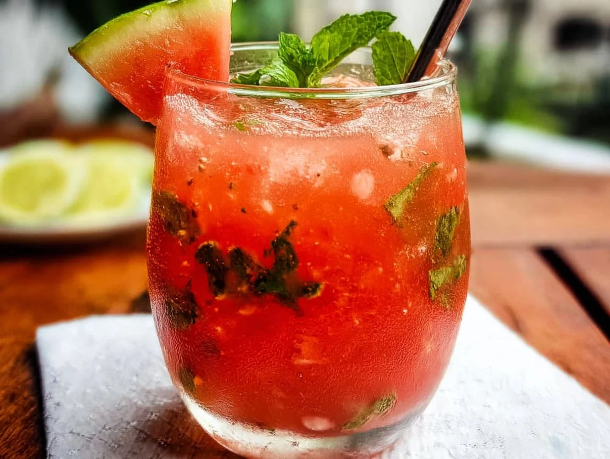 Refreshing Watermelon Mojito Mocktail served in a glass with mint leaves and watermelon slices
